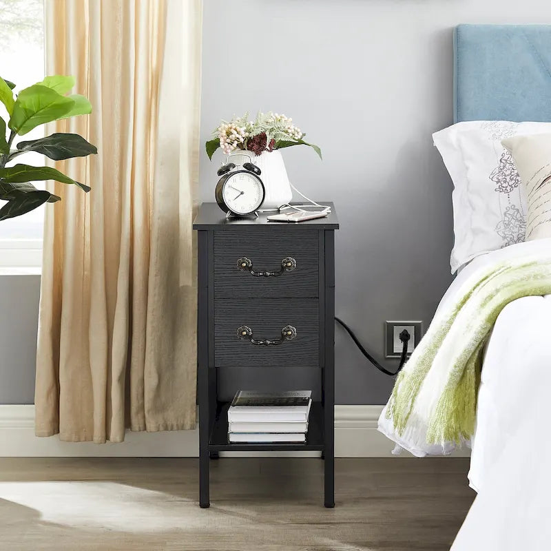 Table d'appoint avec station de recharge, table d'appoint étroite pour fauteuil avec tiroirs