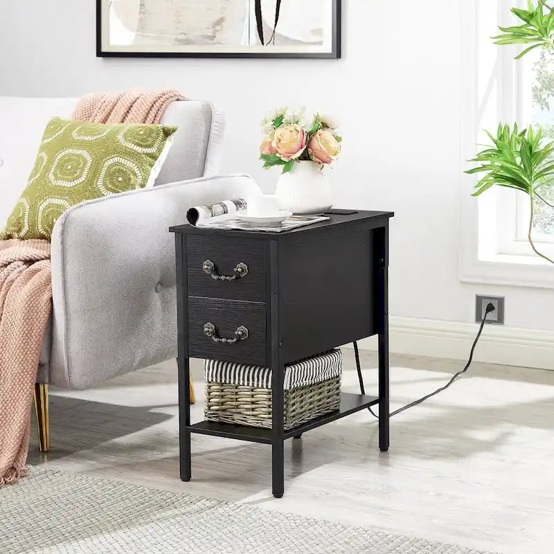 Table d'appoint avec station de recharge, table d'appoint étroite pour fauteuil avec tiroirs