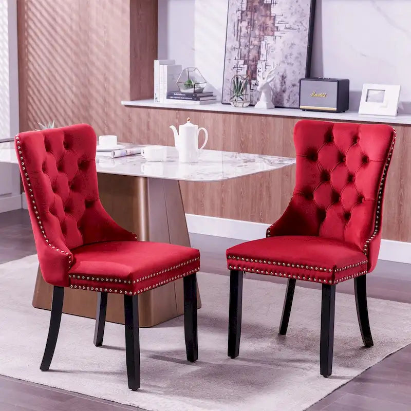 Lot de 2 chaises de salle à manger tapissées de velours avec garniture cloutée et pieds en bois