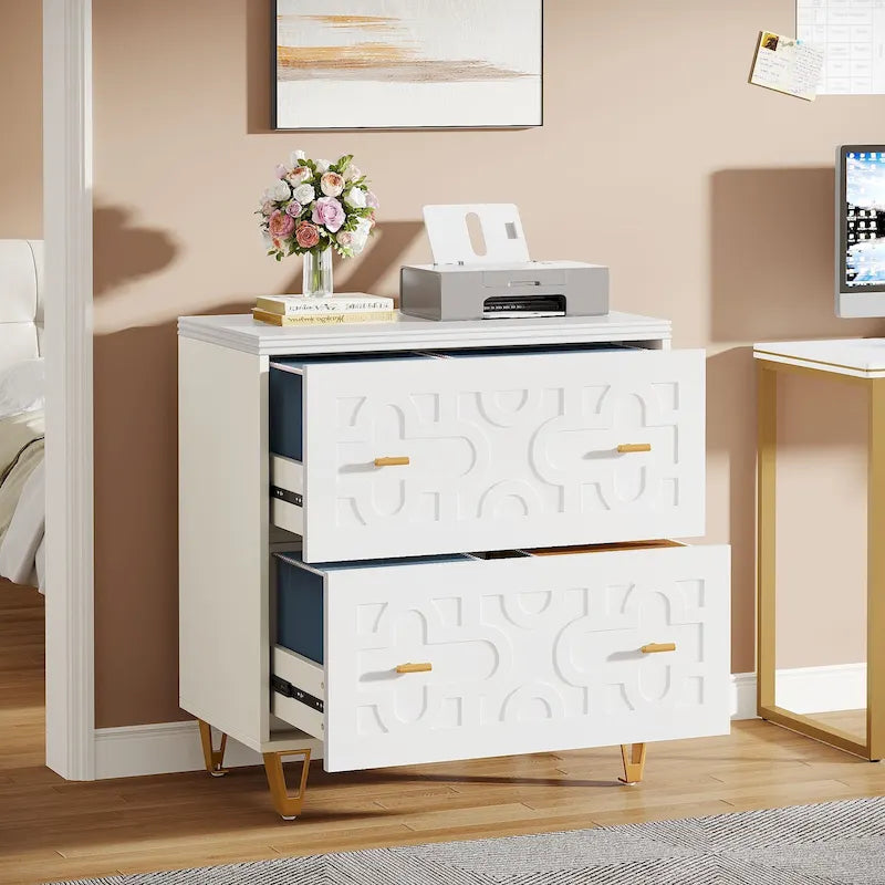 Classeur moderne blanc à deux tiroirs, classeur de bureau à ouverture latérale